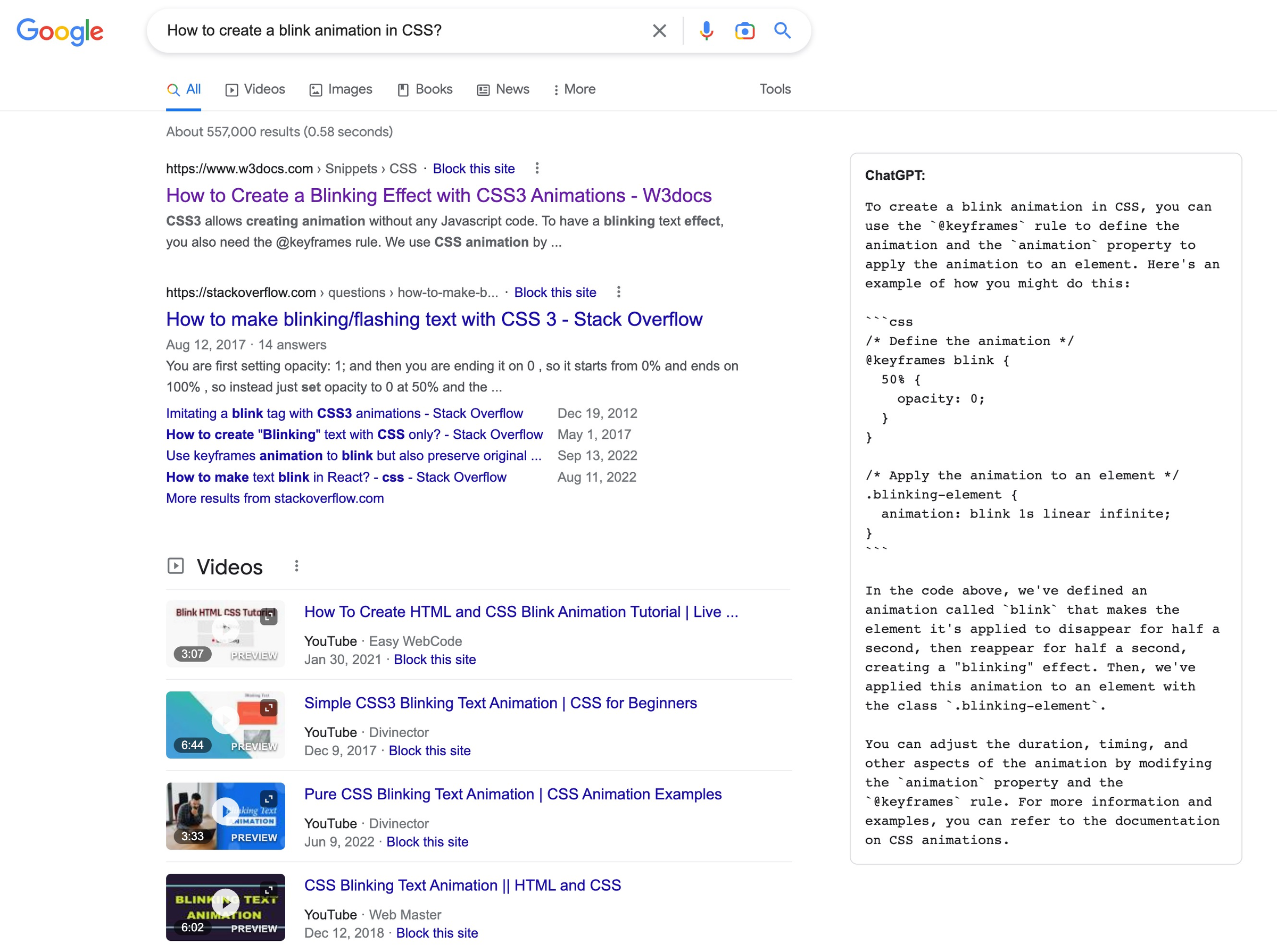 ChatGPT for Google - ChatGPT response alongside search engine results