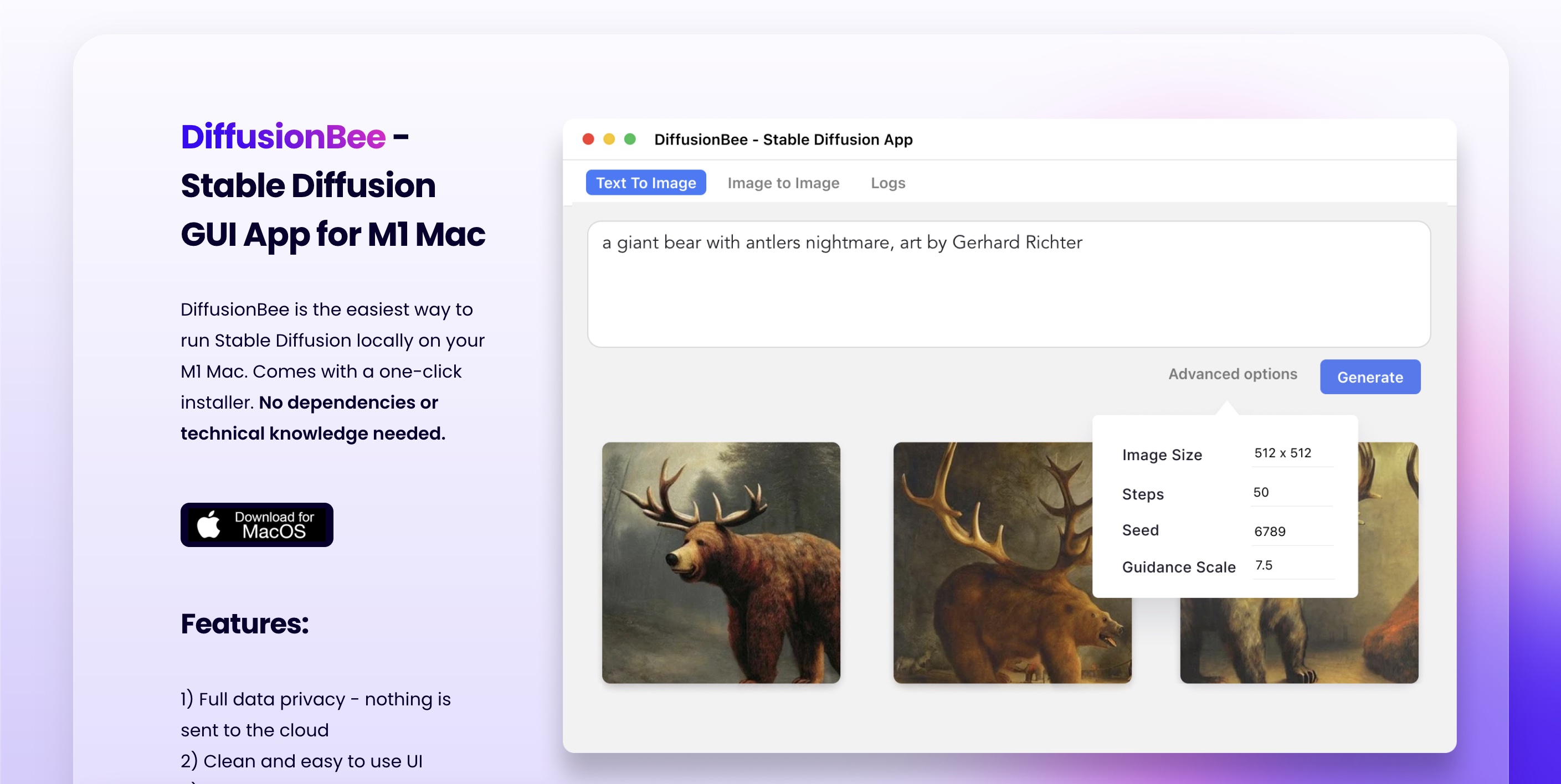 DiffusionBee - Стабильная диффузия пользователя -интерфейс для пользователей Mac