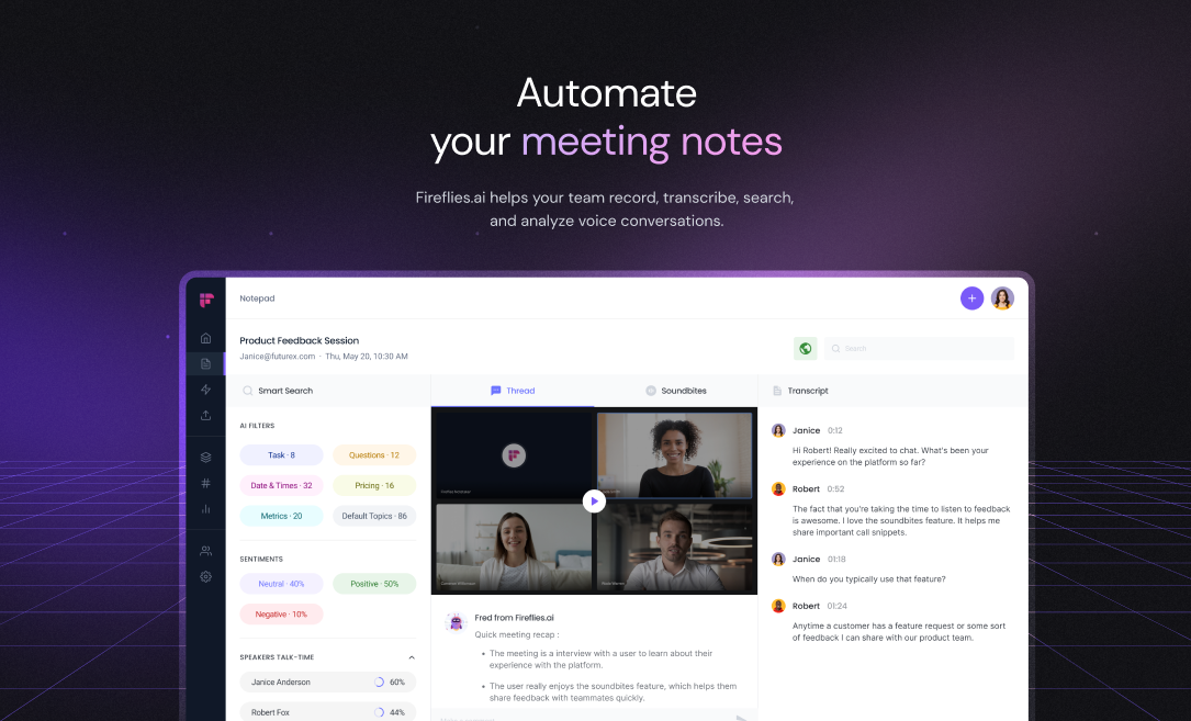 Fireflies AI - An automated meeting note-taking tool for transcriptions, recaps, tasks, and analytics