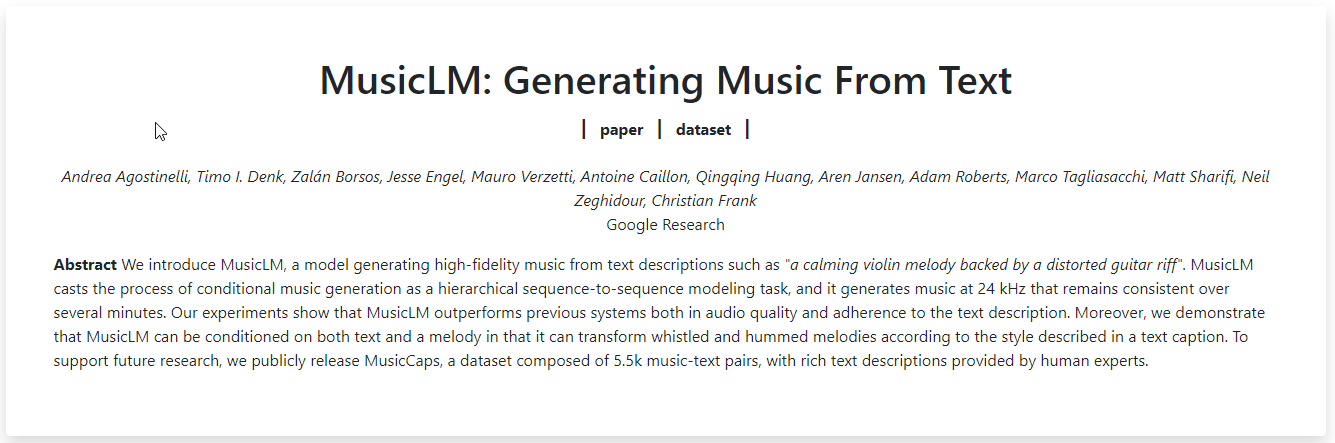 MusicLM - Generate high-fidelity music from text descriptions (Google Research)