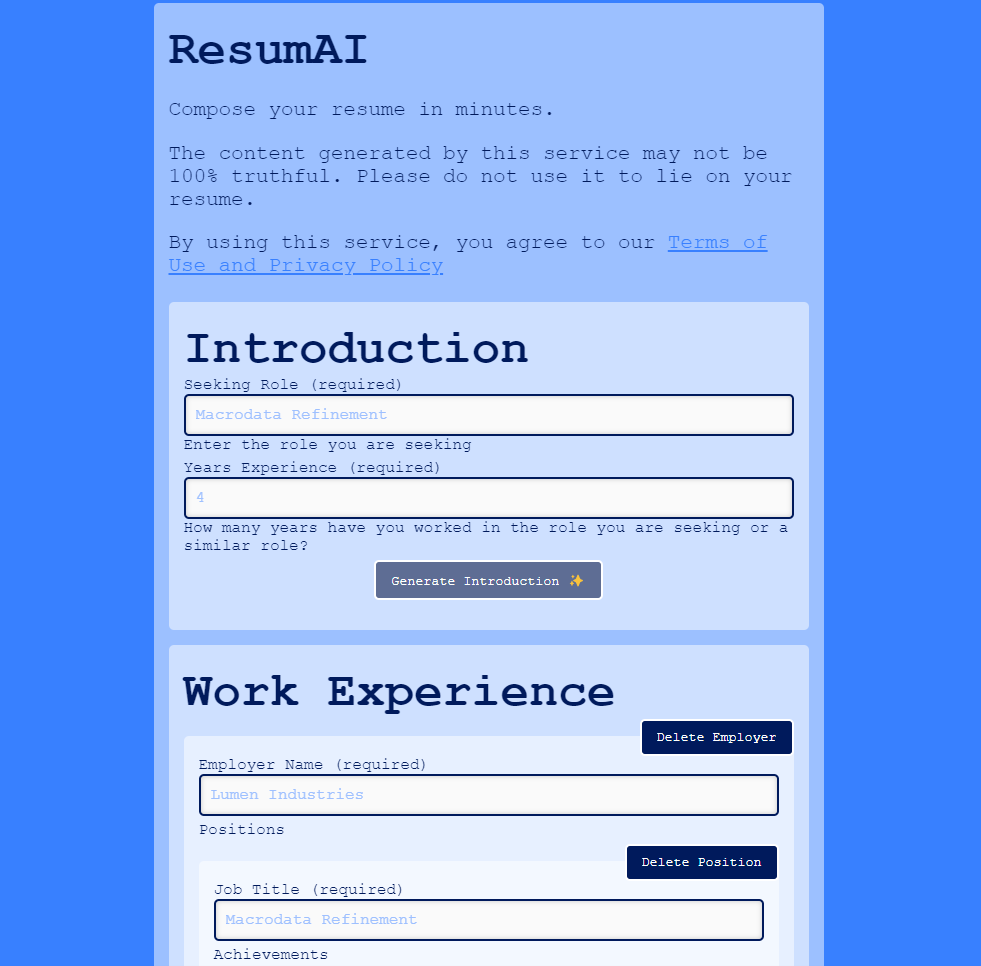 ResumAI - Use AI to quickly build a resume