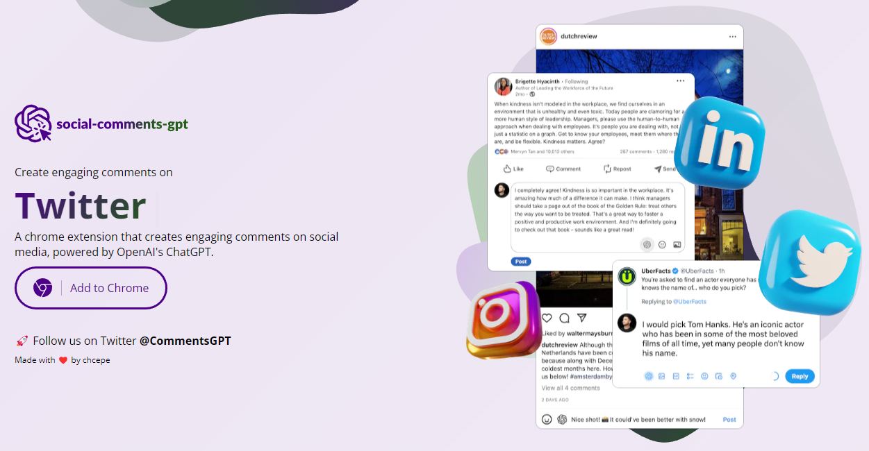 Социальные комментарии GPT - расширение Chrome для создания комментариев для платформ социальных сетей