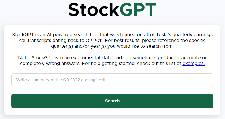 StockGPT - AI-powered search tool that retrieves information from Tesla's quarterly earnings