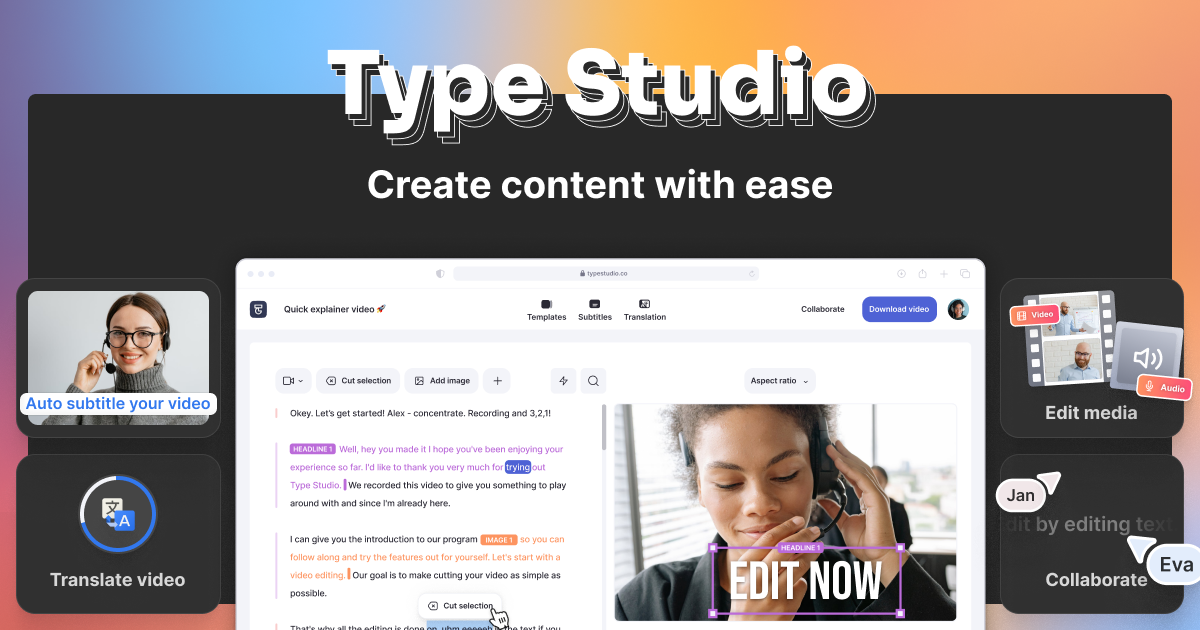 Type Studio-инструмент редактирования All-In-One с транскрипцией, редактированием видео и перепрофилированием