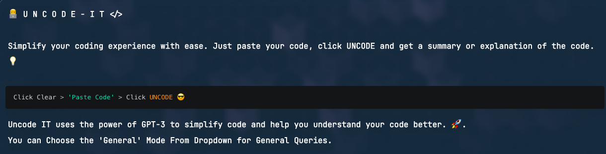 UNCODE-IT - A tool to explain and summarise code