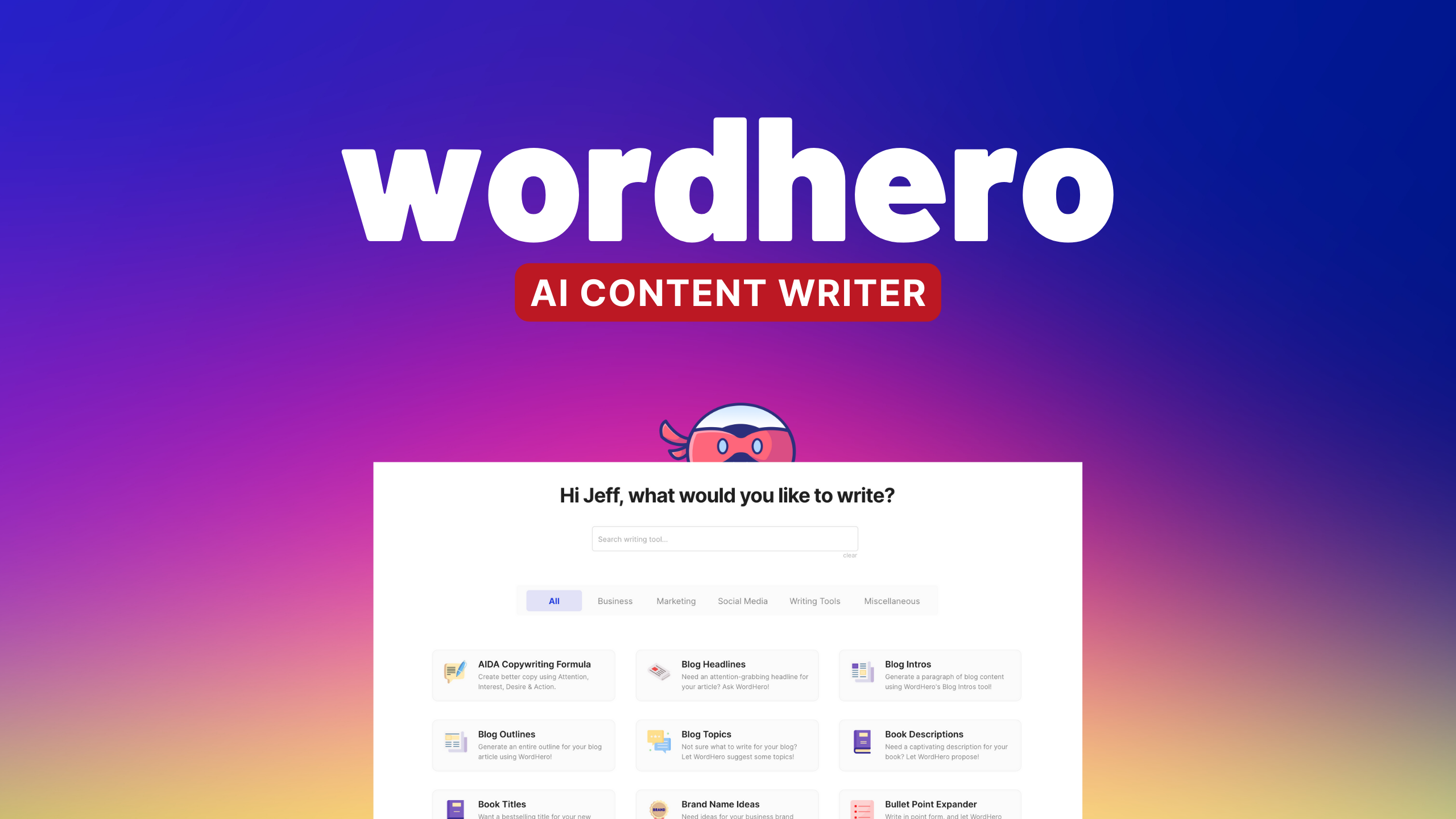 WordHero - outil d'écriture propulsé par AI qui offre plus de 70 options pour générer du contenu original