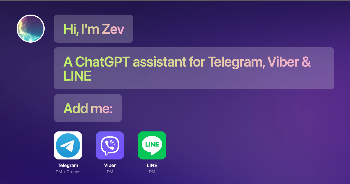 Zev - A chabot for LINE, Telegram and Viber apps