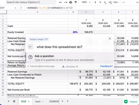 Arcwise AI - расширение Google Chrome для Google Sheets для анализа данных