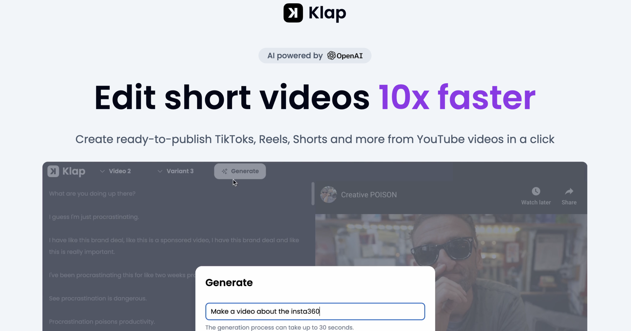 KLAP - инструмент для создания коротких видео из видео на YouTube