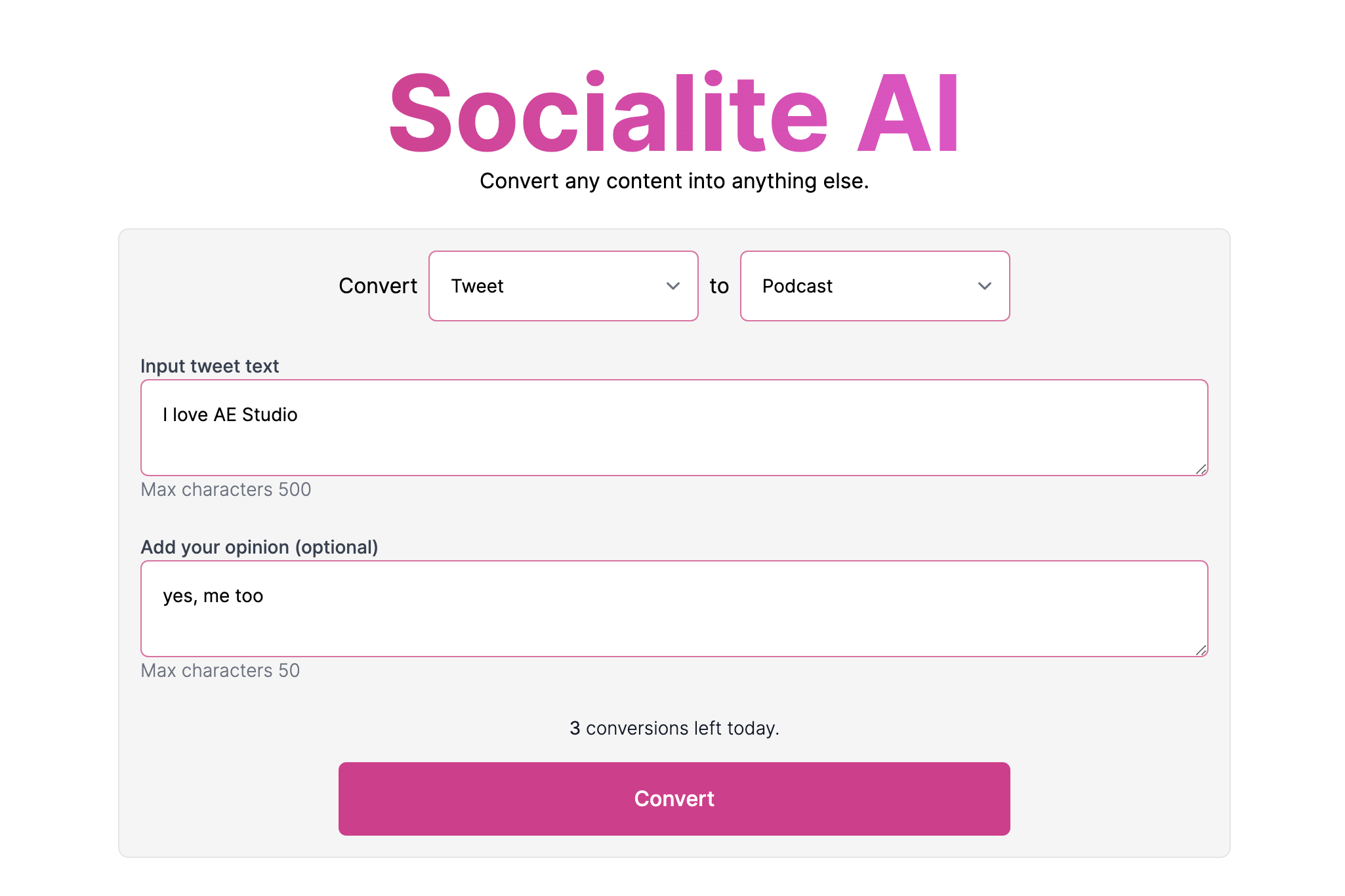 Socialite AI - A tool cto onvert any content into anything else
