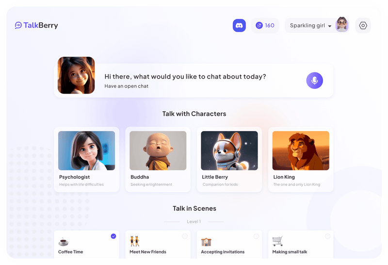 Talkberry - Ein Werkzeug, um mit KI zu chatten und eine Sprache mit Szenen und Charakteren zu lernen